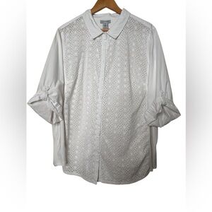 🩷Catherines Women’s Button up rolled sleeves eyelet top White 2x Peasant cotton